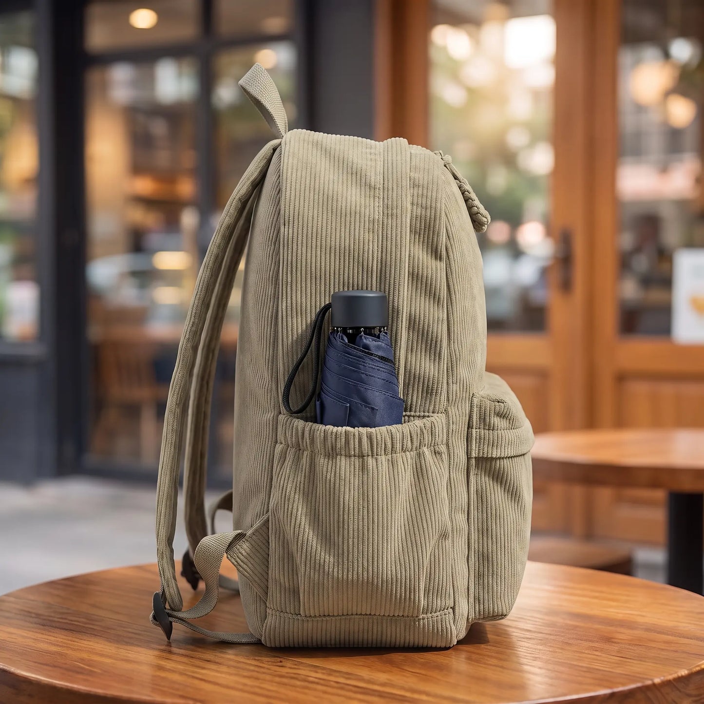 Neutral Corduroy Backpack side view - elastic side pocket holding a folded umbrella and corduroy wale texture