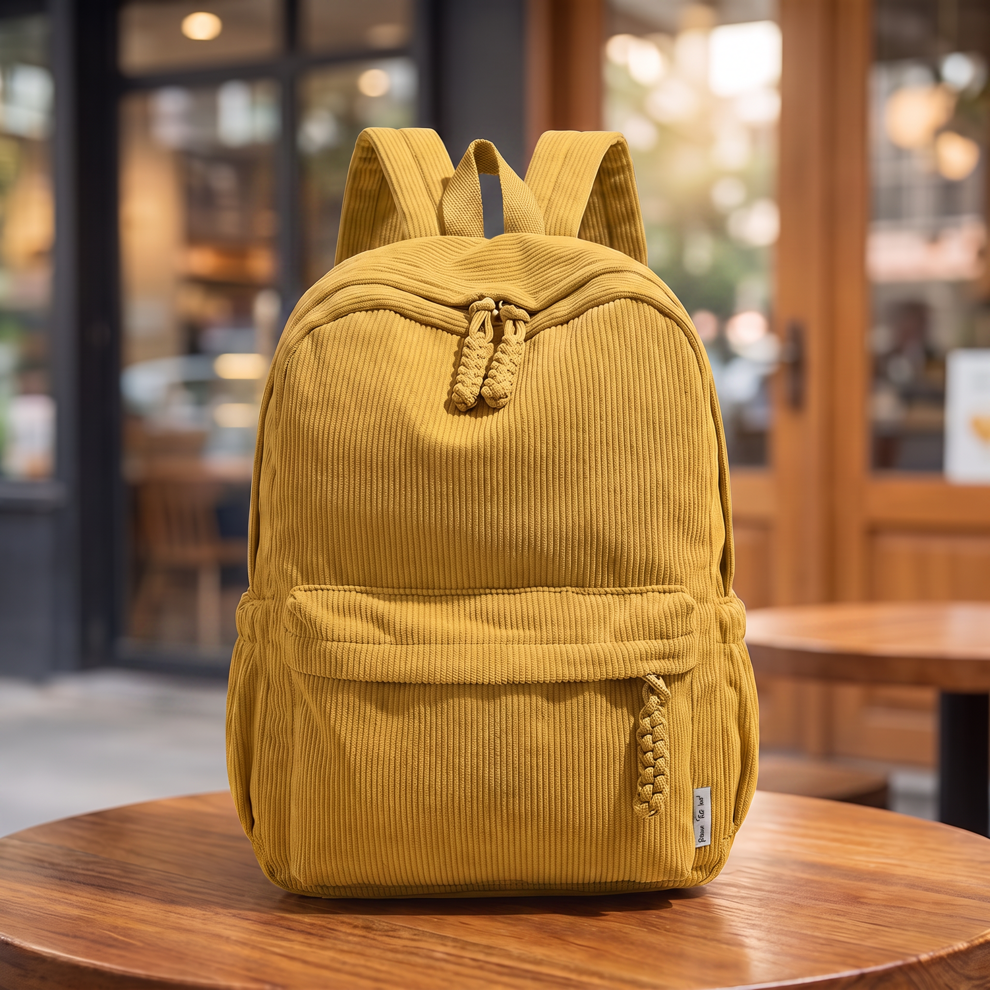 Neutral Corduroy Backpack in yellow on a cafe table