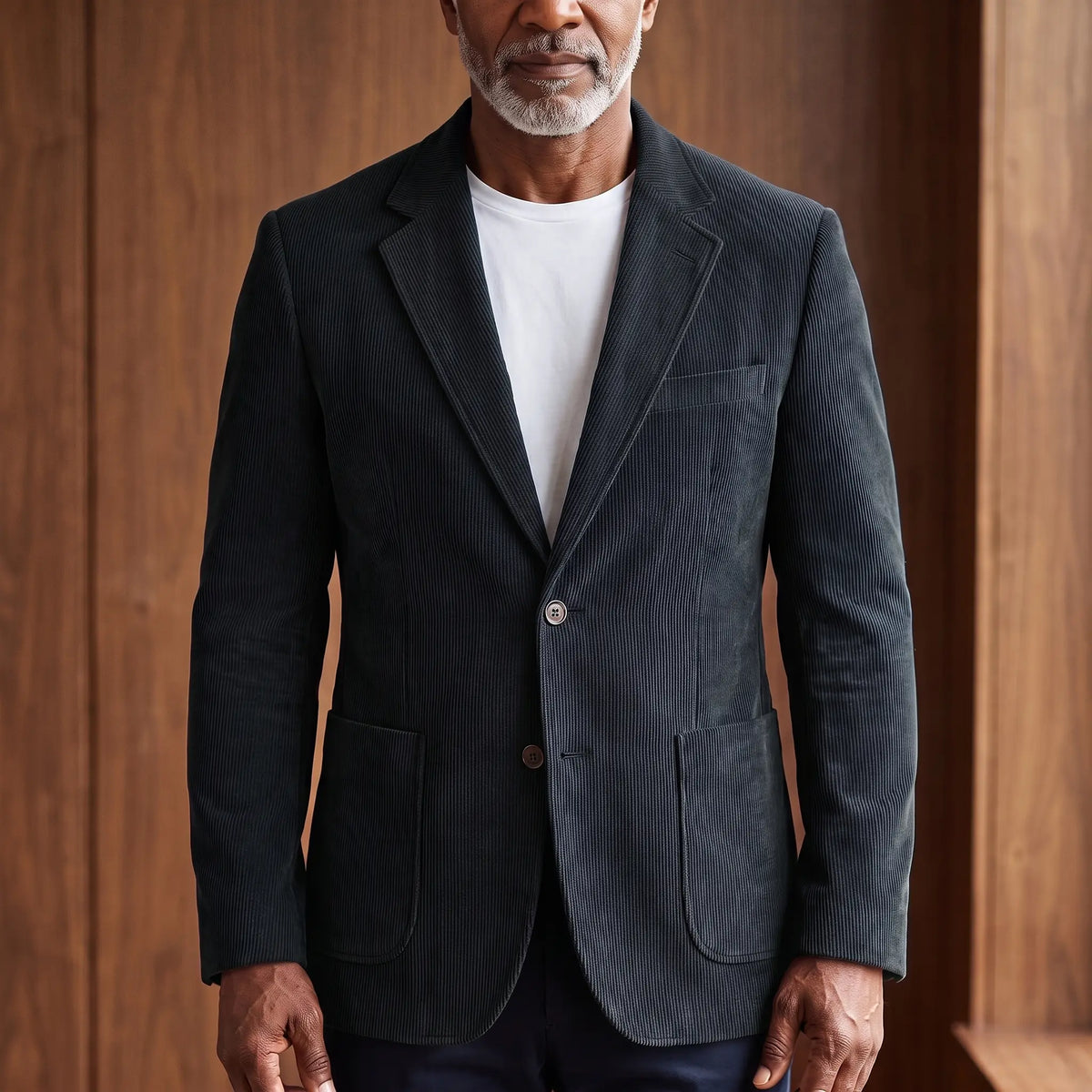 Men's black corduroy blazer with notch lapels and patch pockets, worn over a white T-shirt