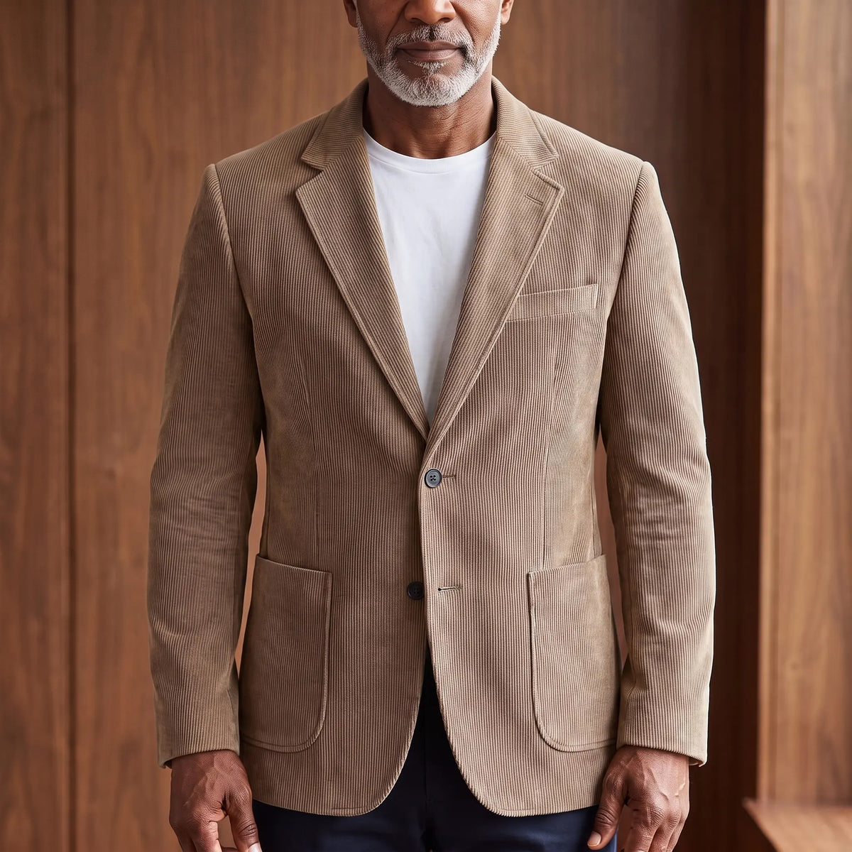 Men's khaki corduroy blazer with notch lapels and patch pockets, worn over a white T-shirt