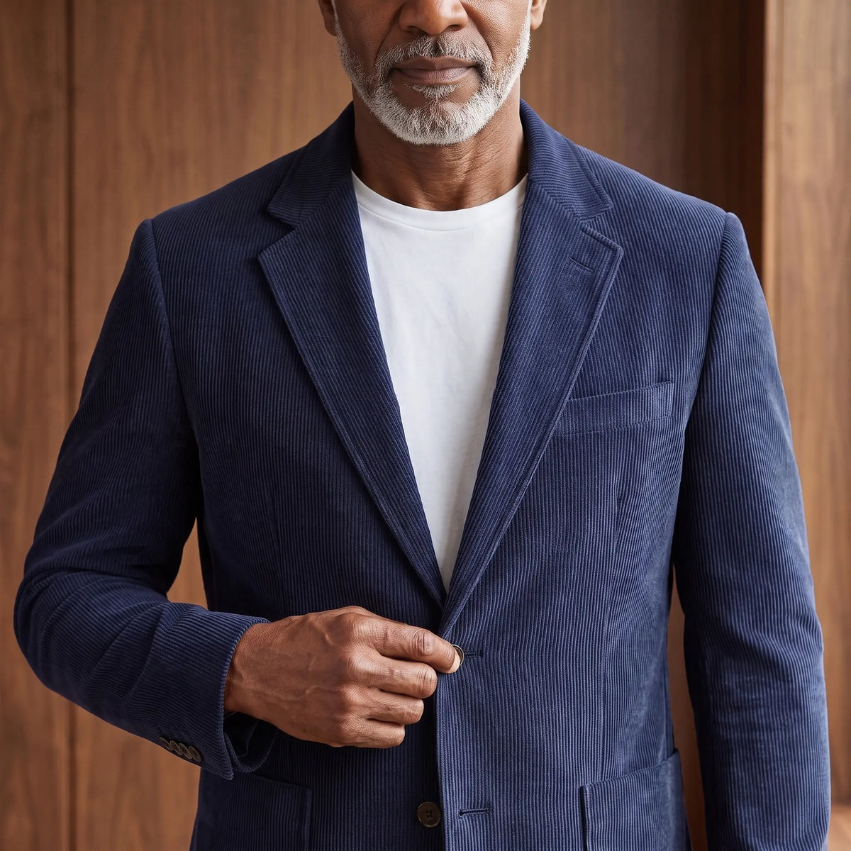 Man fastening the button on the navy blue notch lapel blazer