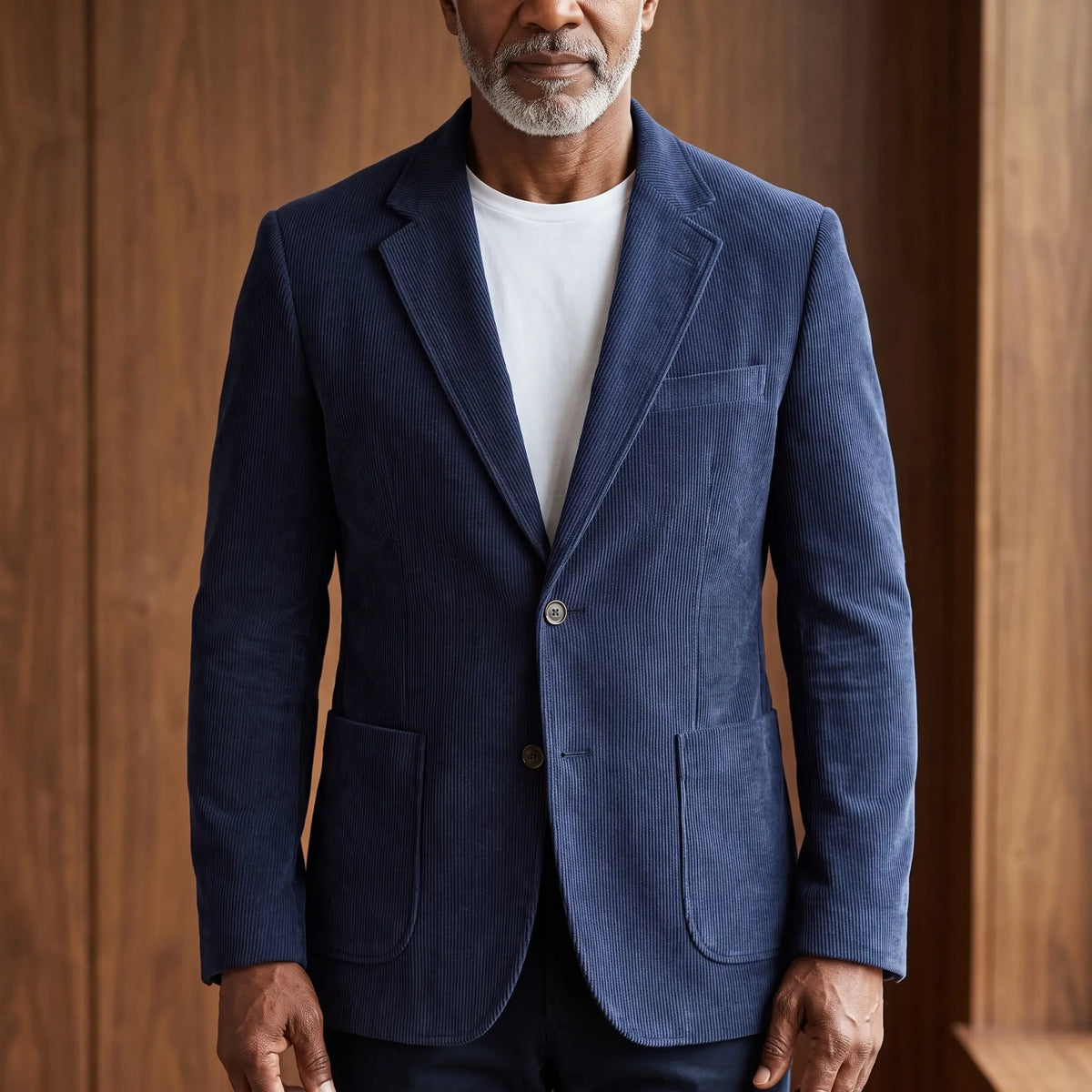 Men's navy blue corduroy blazer with notch lapels and patch pockets, worn over a white T-shirt