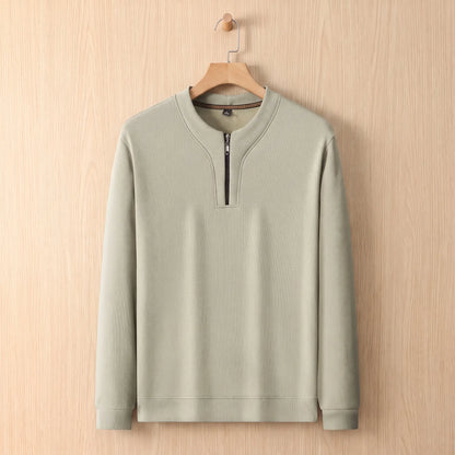 Notch Neck Pullover in beige on a wooden hanger, men's textured half-zip sweater