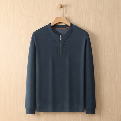 Notch Neck Pullover in blue on a wooden hanger, men's textured half-zip sweater