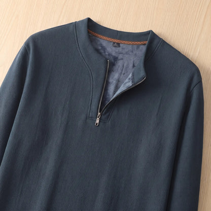 Close-up of the blue Notch Neck Pullover showing the short zip and brushed inner lining