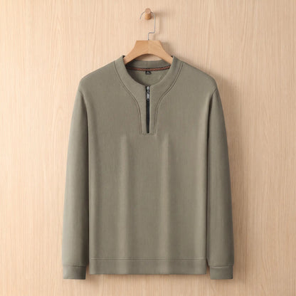 Notch Neck Pullover in green on a wooden hanger, men's textured half-zip sweater