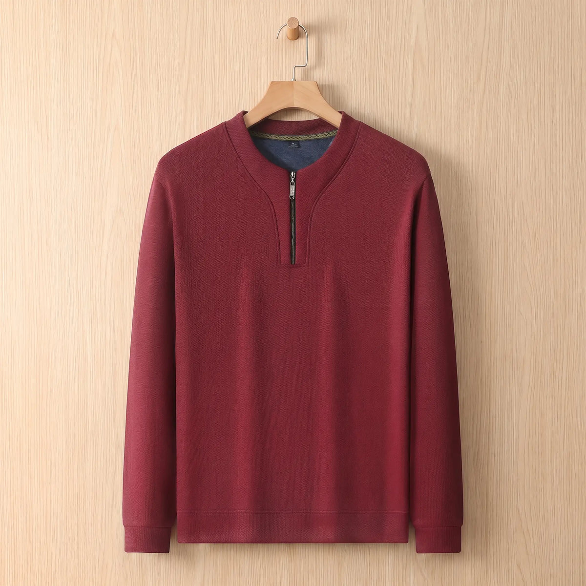 Notch Neck Pullover in red on a wooden hanger, men's textured half-zip sweater