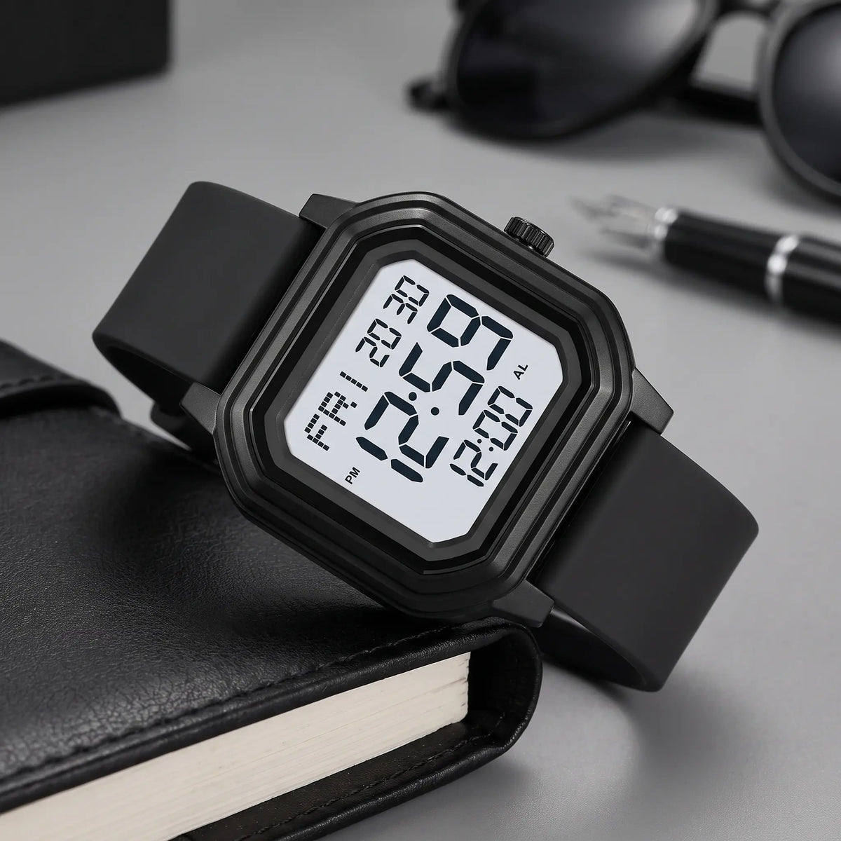 Men's octagon digital watch with black case, light screen and black silicone strap, resting on a black leather folio
