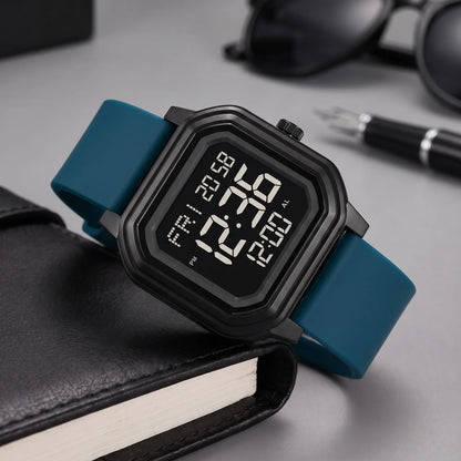 Men's octagon digital watch with black case, dark screen and blue silicone strap