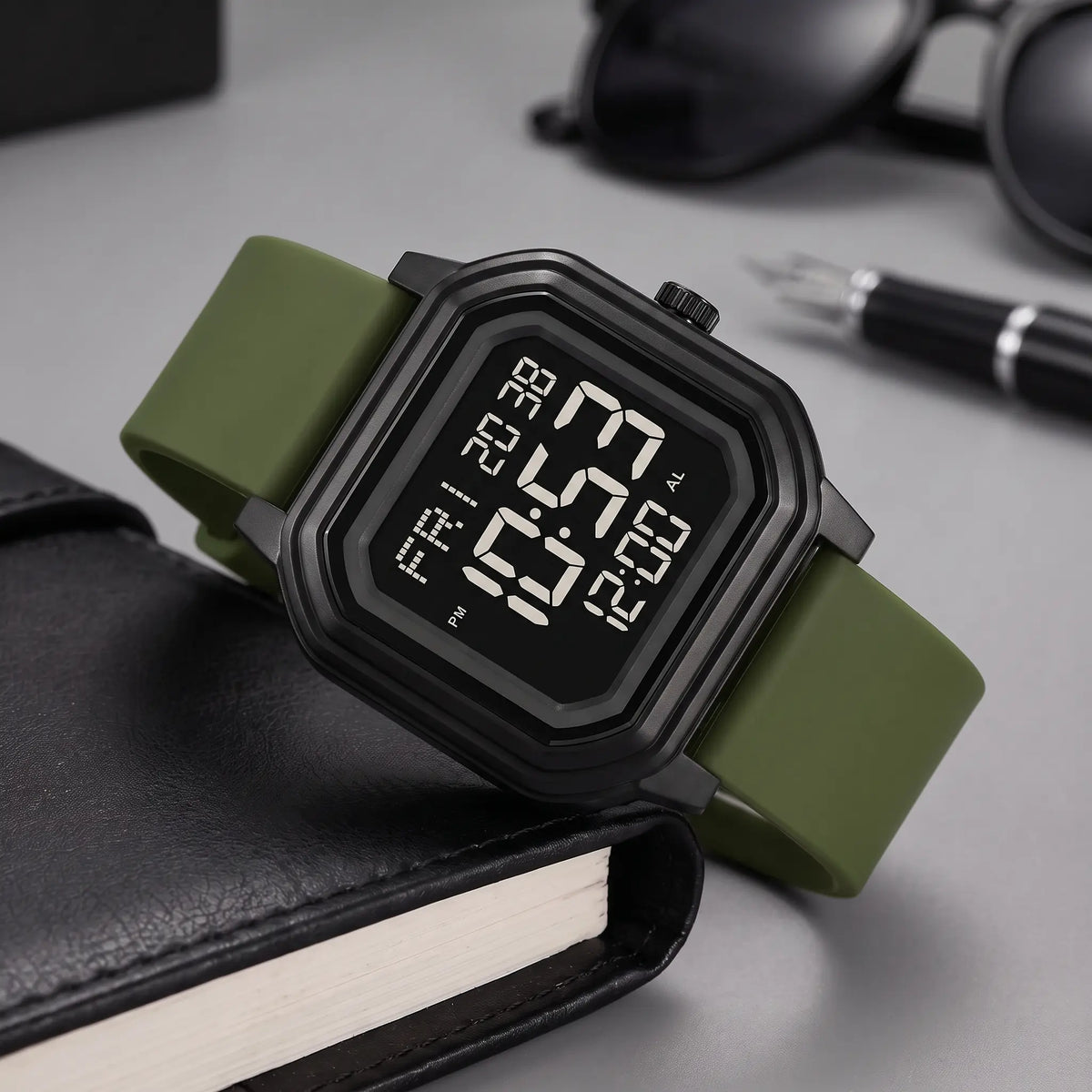 Men's octagon digital watch with black case, dark screen and army green silicone strap