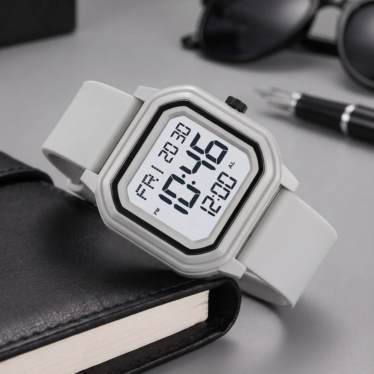Men's octagon digital watch in light grey with light screen and grey silicone strap