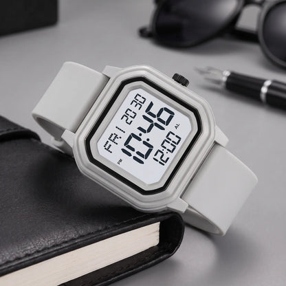 Men's octagon digital watch in light grey with light screen and grey silicone strap