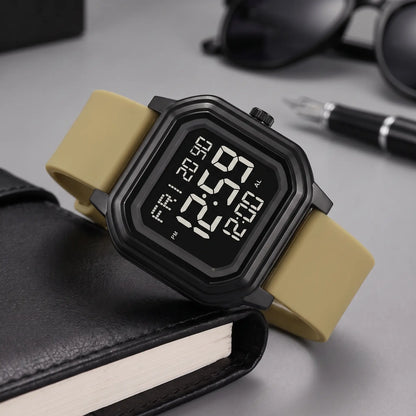 Men's octagon digital watch with black case, dark screen and khaki silicone strap