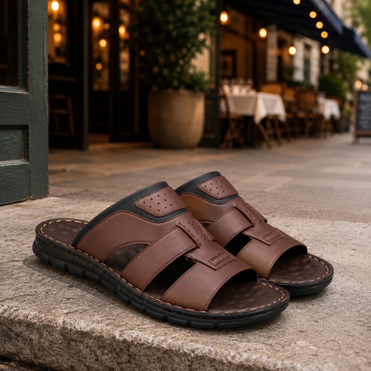 OPEN TOE LEATHER SLIDE