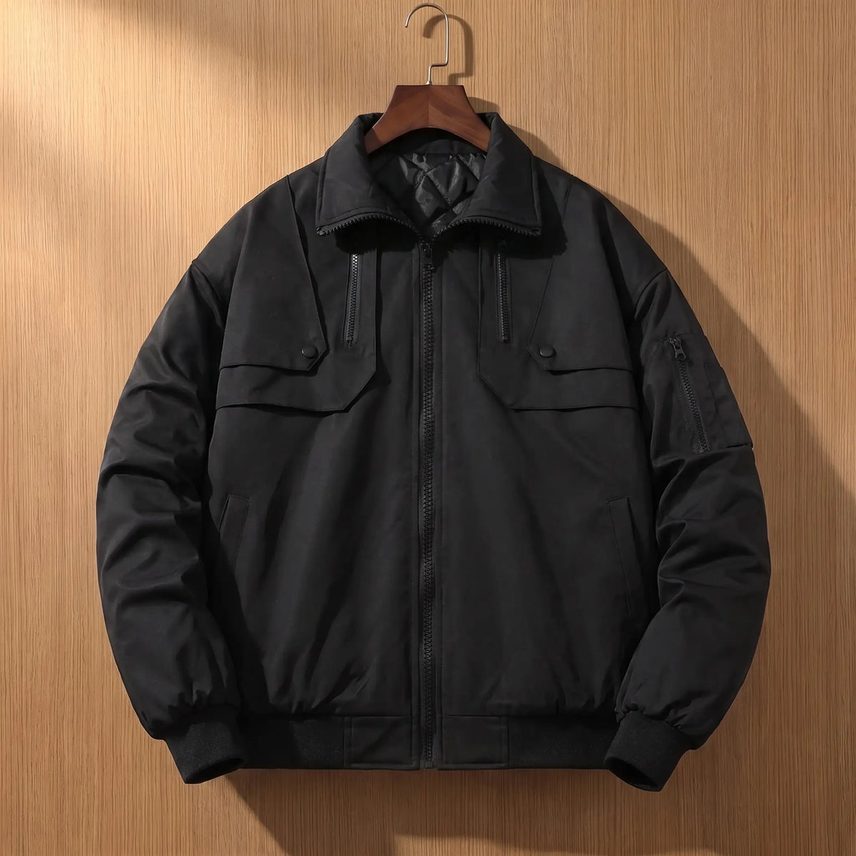 PADDED COLLAR JACKET in black, men's padded zip jacket with wide collar and snap chest flaps