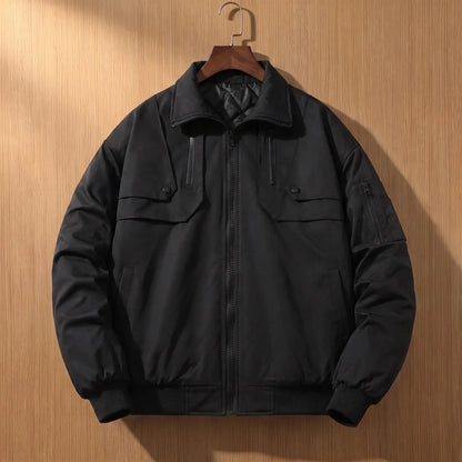 PADDED COLLAR JACKET in black, men's padded zip jacket with wide collar and snap chest flaps
