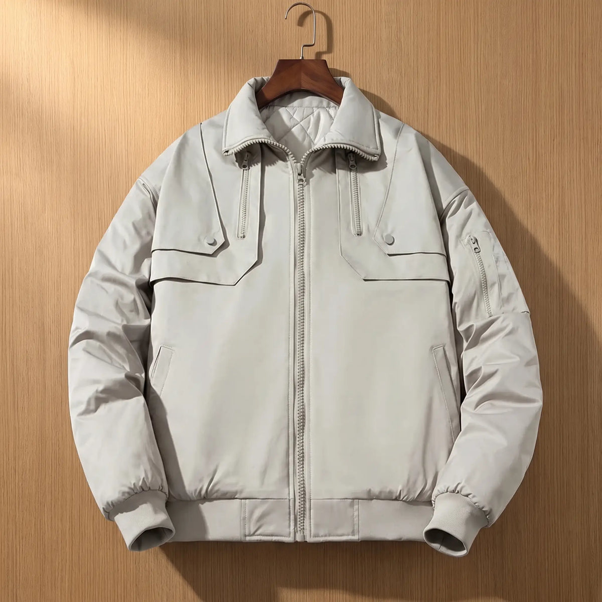 PADDED COLLAR JACKET in gray, men's padded zip jacket with wide collar and snap chest flaps