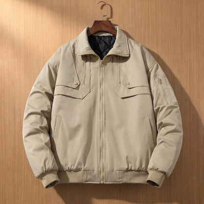 PADDED COLLAR JACKET in khaki, men's padded zip jacket with wide collar and snap chest flaps