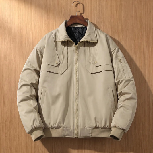 PADDED COLLAR JACKET in khaki, men's padded zip jacket with wide collar and snap chest flaps
