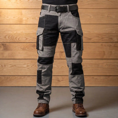 Panel cargo trousers in grey with black contrast panels and bellows thigh pockets