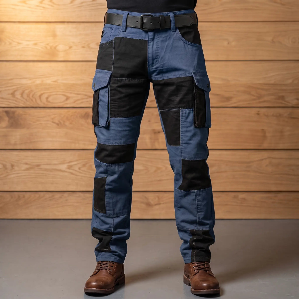 Panel cargo trousers in navy with black contrast panels and bellows thigh pockets