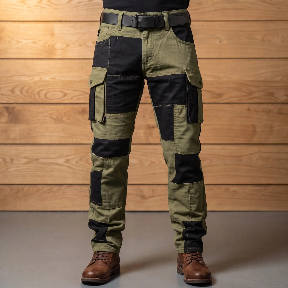Panel cargo trousers in olive with black contrast panels and bellows thigh pockets