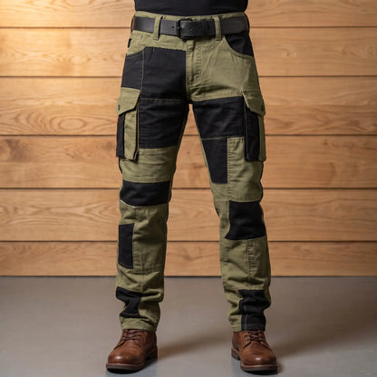 Panel cargo trousers in olive with black contrast panels and bellows thigh pockets