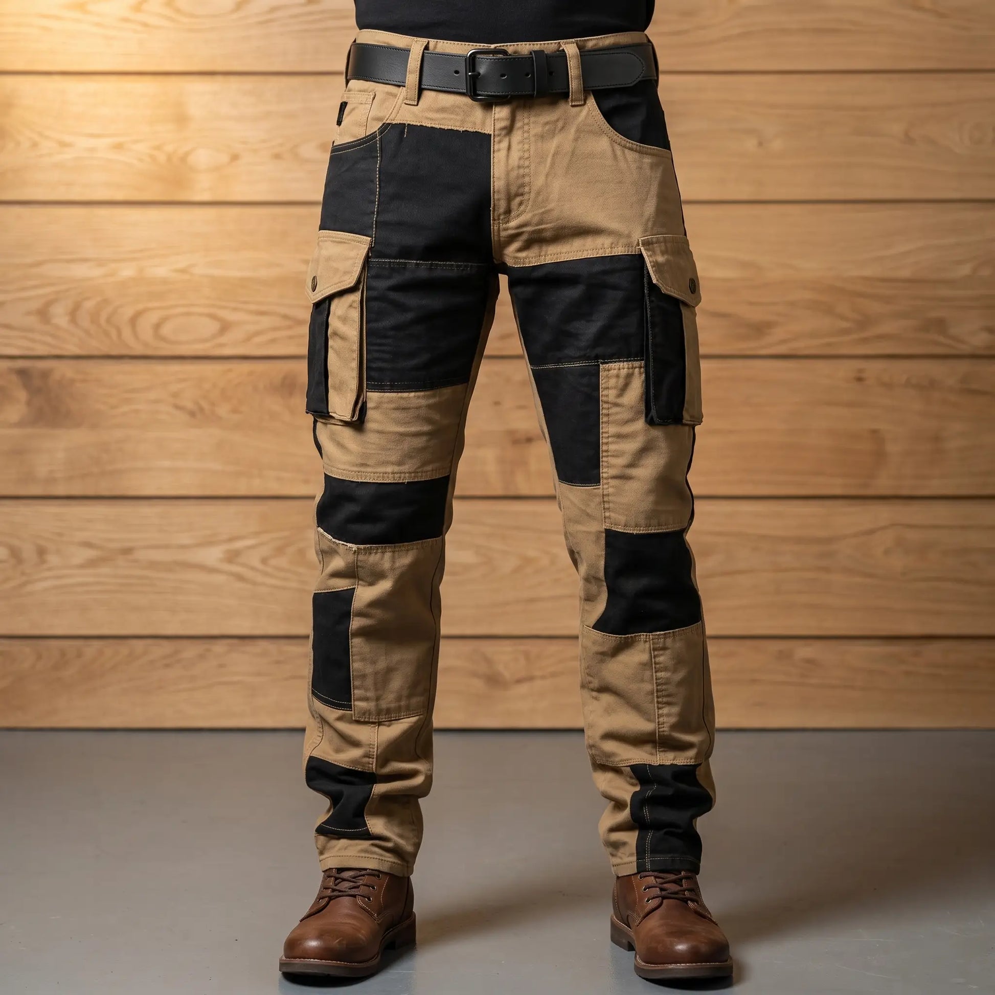 Panel cargo trousers in tan with black contrast panels and bellows thigh pockets
