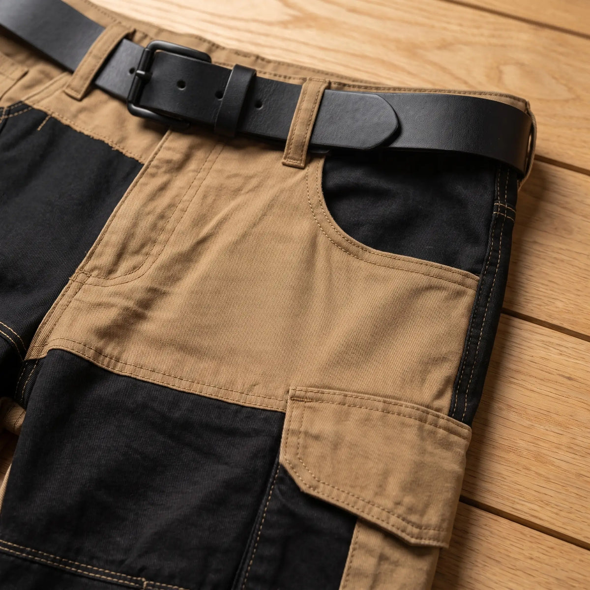 Close up of the waistband, belt loops, slant pocket and bellows cargo pocket on the tan panel cargo trousers