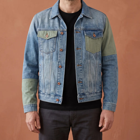 Blue panelled denim jacket with sage contrast panels worn open by an older man