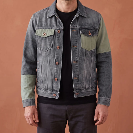Grey panelled denim jacket with sage contrast panels worn open by an older man