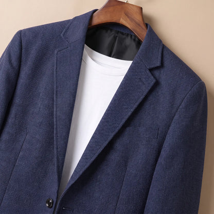 Patch Pocket Blazer in Navy Blue, notch lapel and textured fabric close-up
