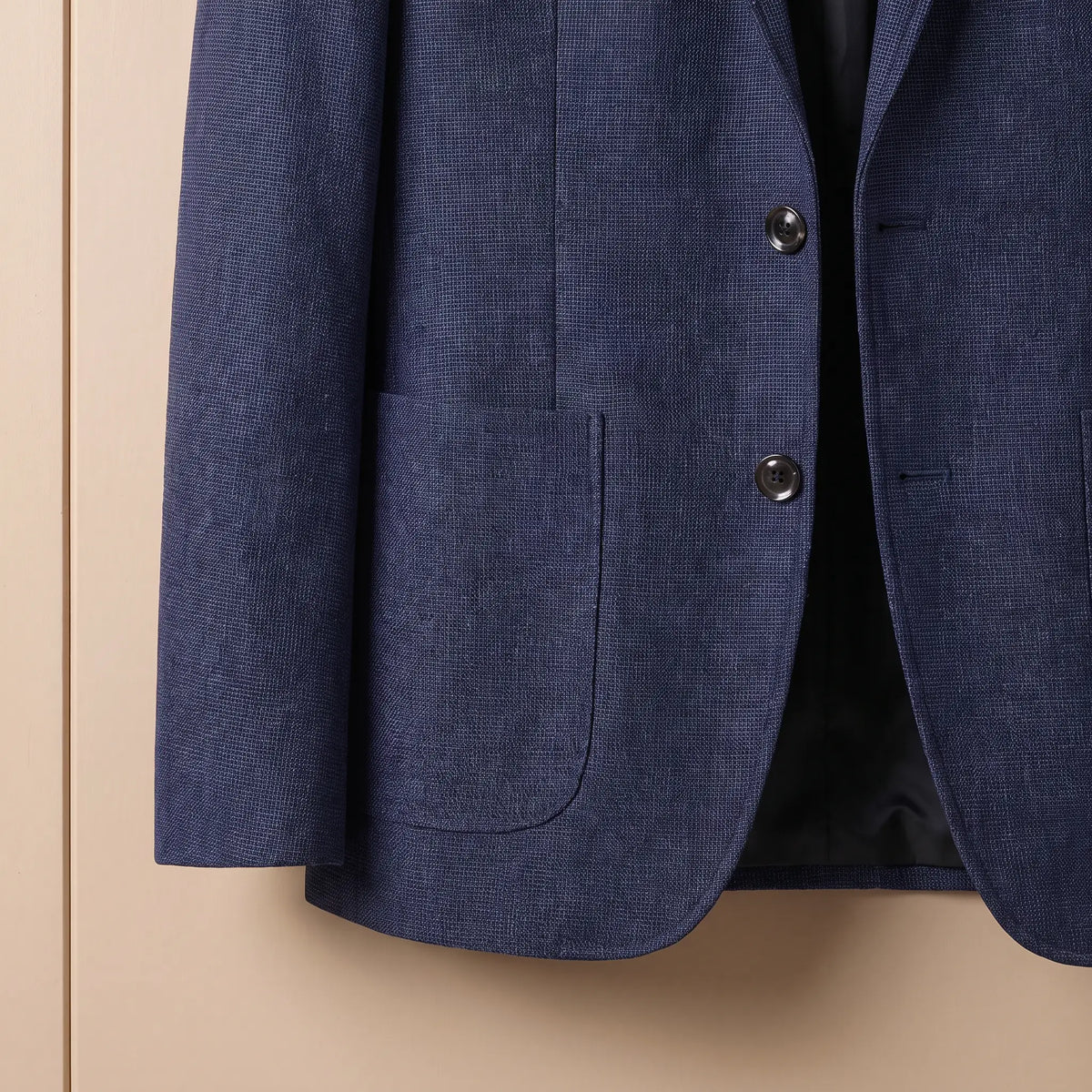 Patch Pocket Blazer in Navy Blue, patch pocket and buttons close-up
