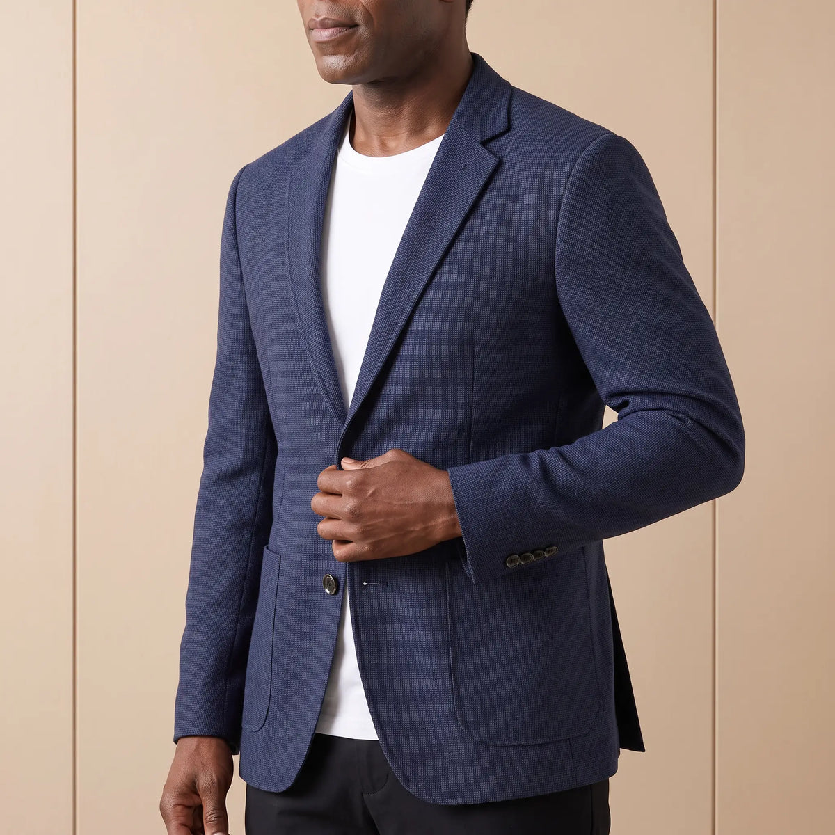 Patch Pocket Blazer in Navy Blue worn over a white tee