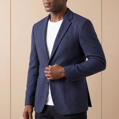 Patch Pocket Blazer in Navy Blue worn over a white tee