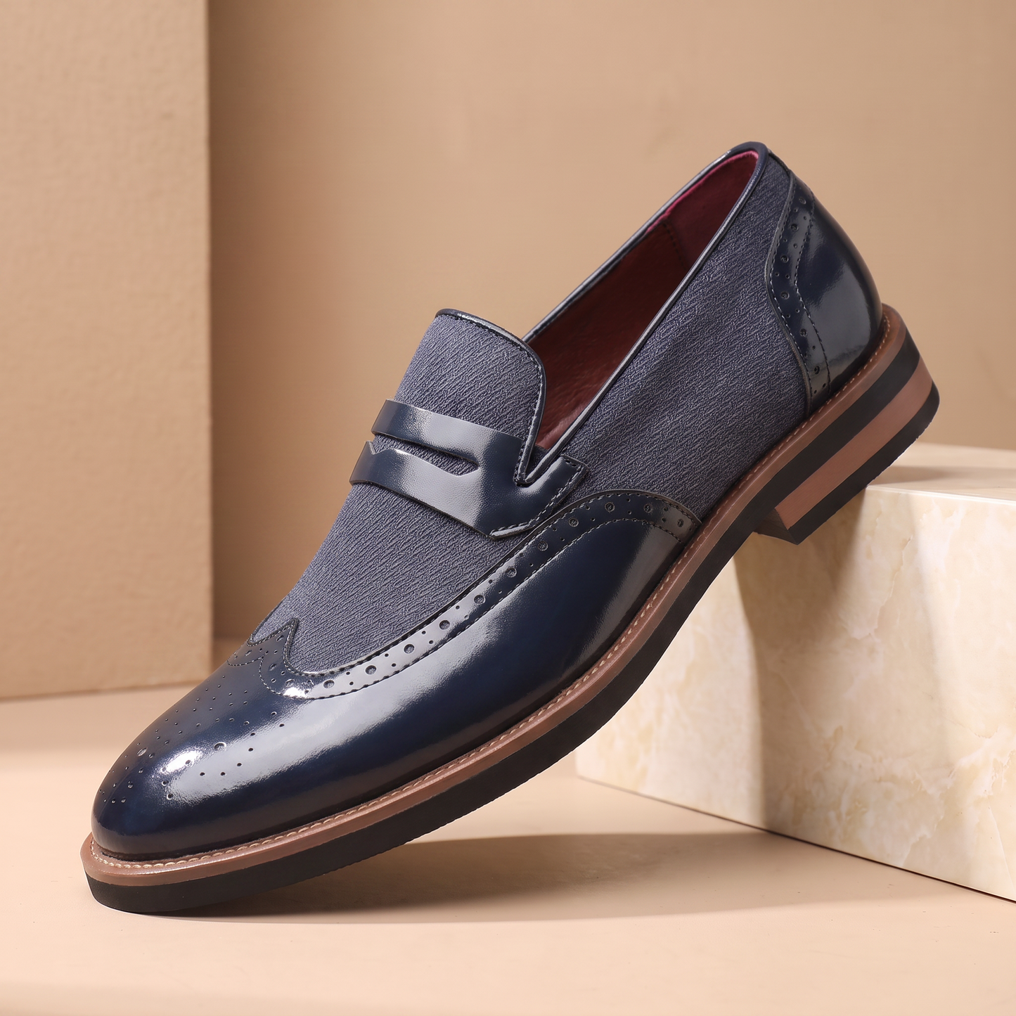 Patent Brogue Loafers in navy blue - single glossy patent brogue loafer