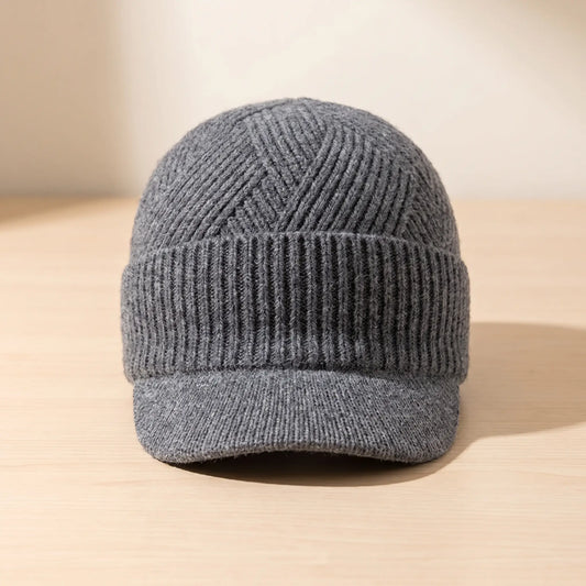 Men's grey peaked knit beanie with chevron ribbed crown and folded cuff