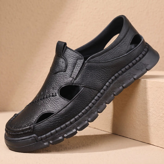 Pebbled Leather Sandals in Black