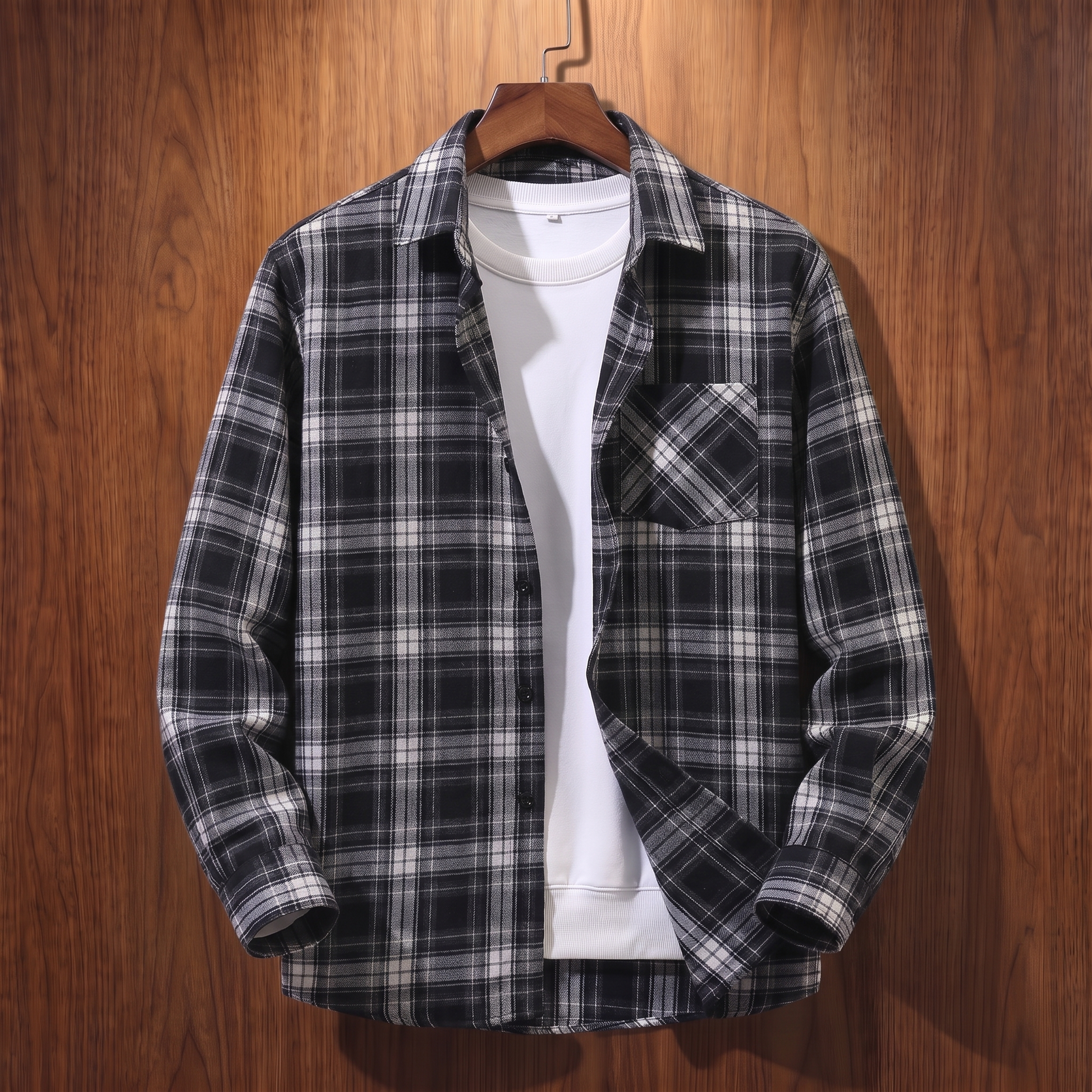 Black plaid flannel shacket on a wooden hanger