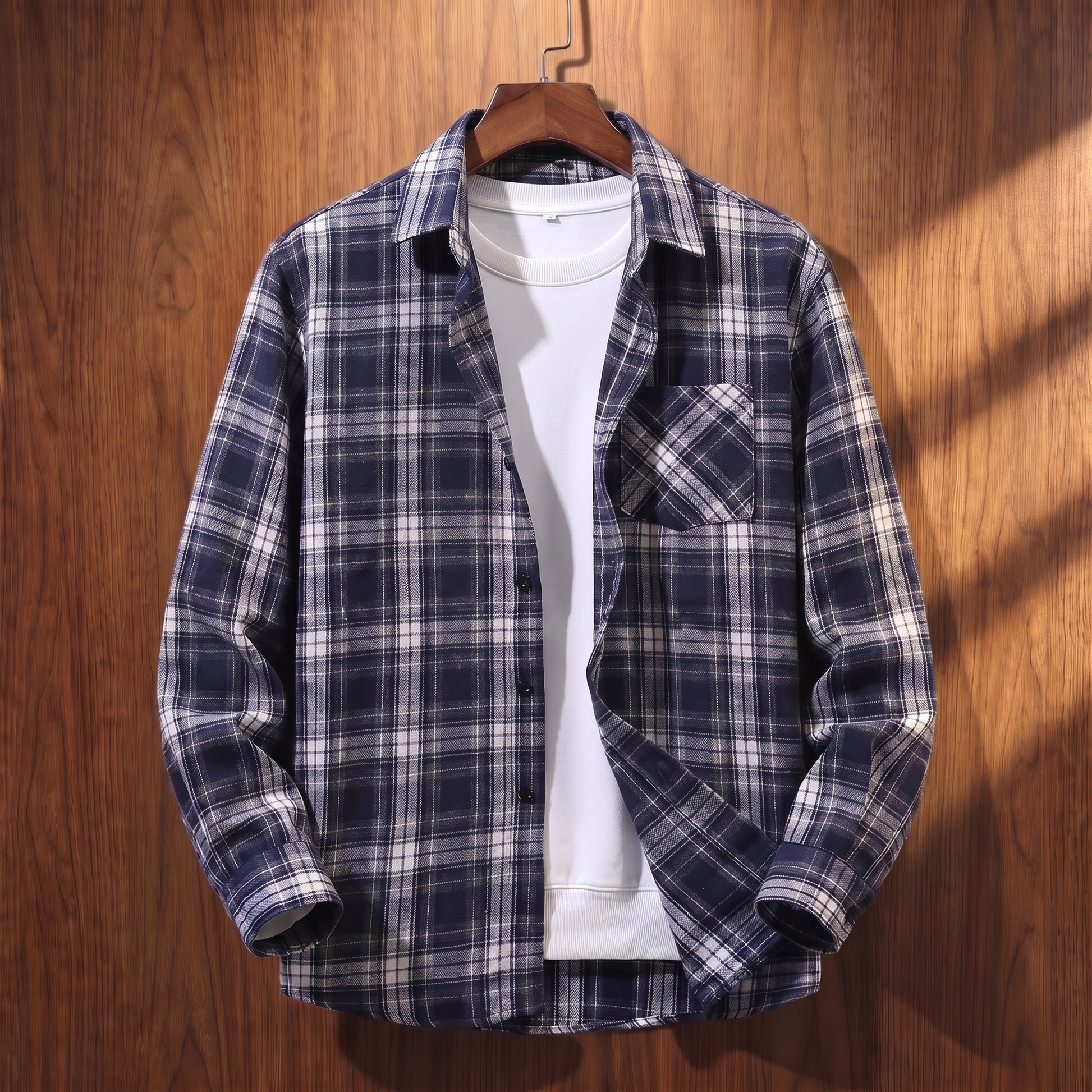 Dark blue plaid flannel shacket on a wooden hanger