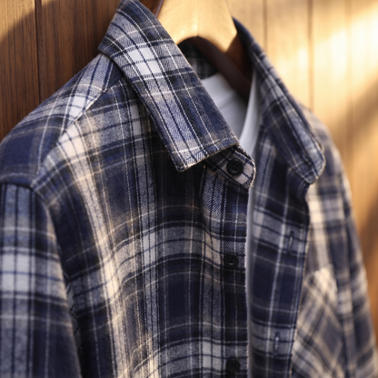 Plaid flannel shacket collar and button placket detail