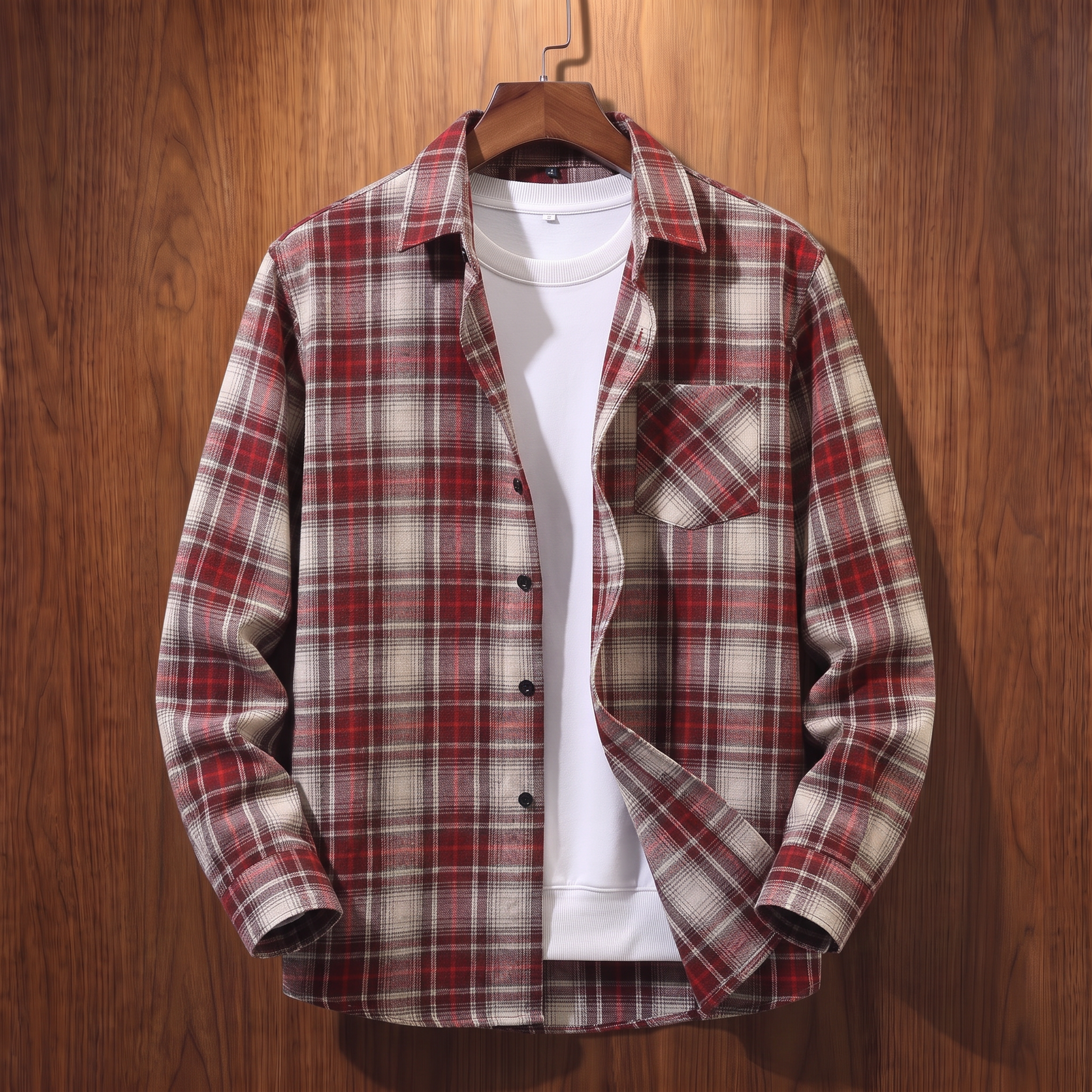 Red plaid flannel shacket on a wooden hanger