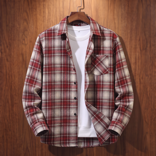 Red plaid flannel shacket on a wooden hanger