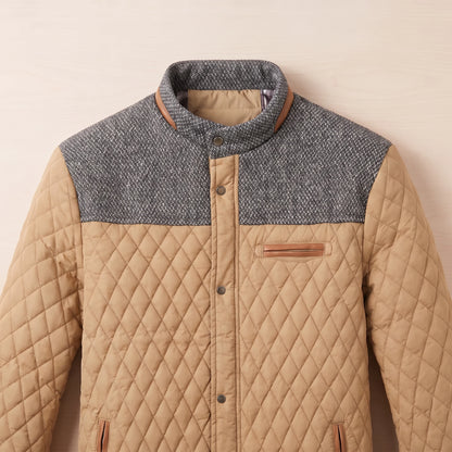 Close up of the tweed stand collar and snap placket on the quilted jacket
