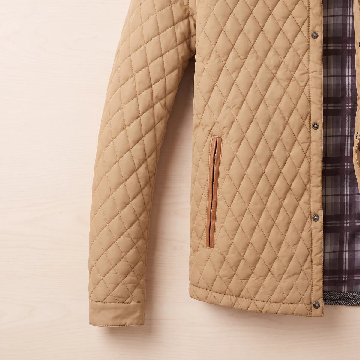 Close up of the cuff, hem and zip hand pocket with the plaid flannel lining