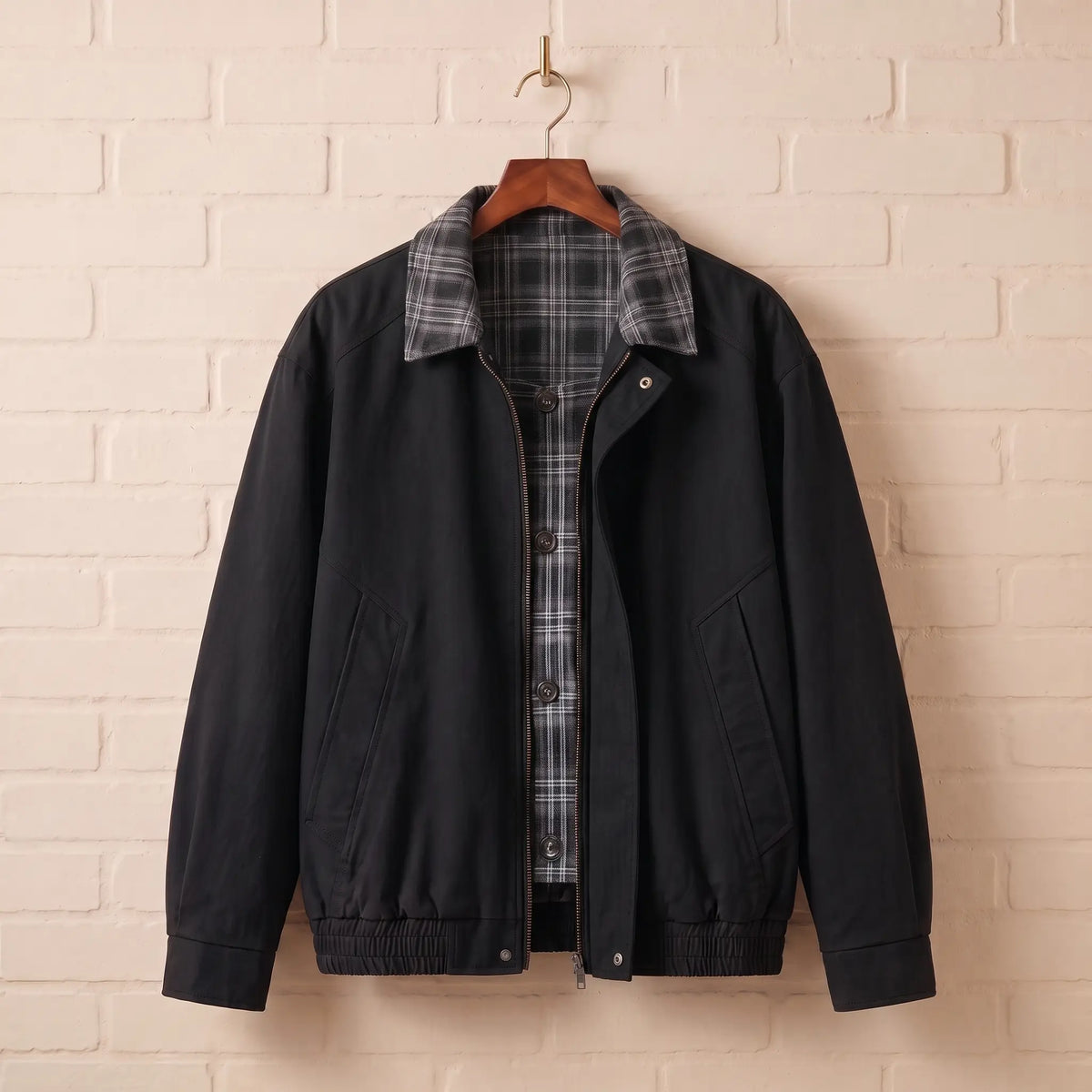 PLAID PLACKET JACKET in black, men's twill zip jacket with grey plaid flannel collar and button placket