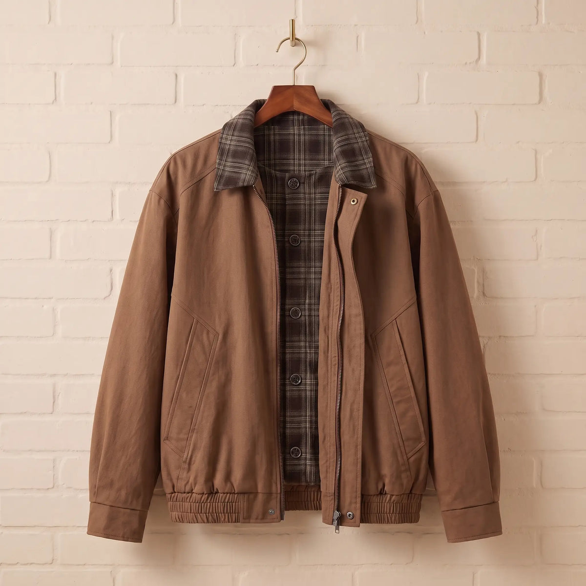 PLAID PLACKET JACKET in brown, men's twill zip jacket with plaid flannel collar and button placket