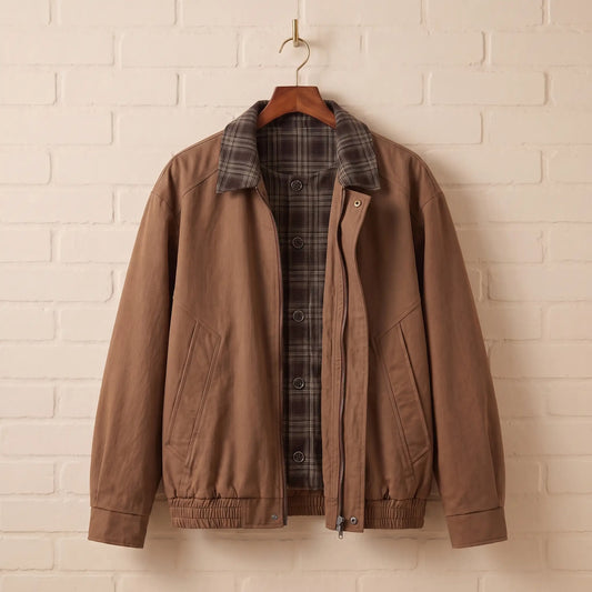 PLAID PLACKET JACKET in brown, men's twill zip jacket with plaid flannel collar and button placket