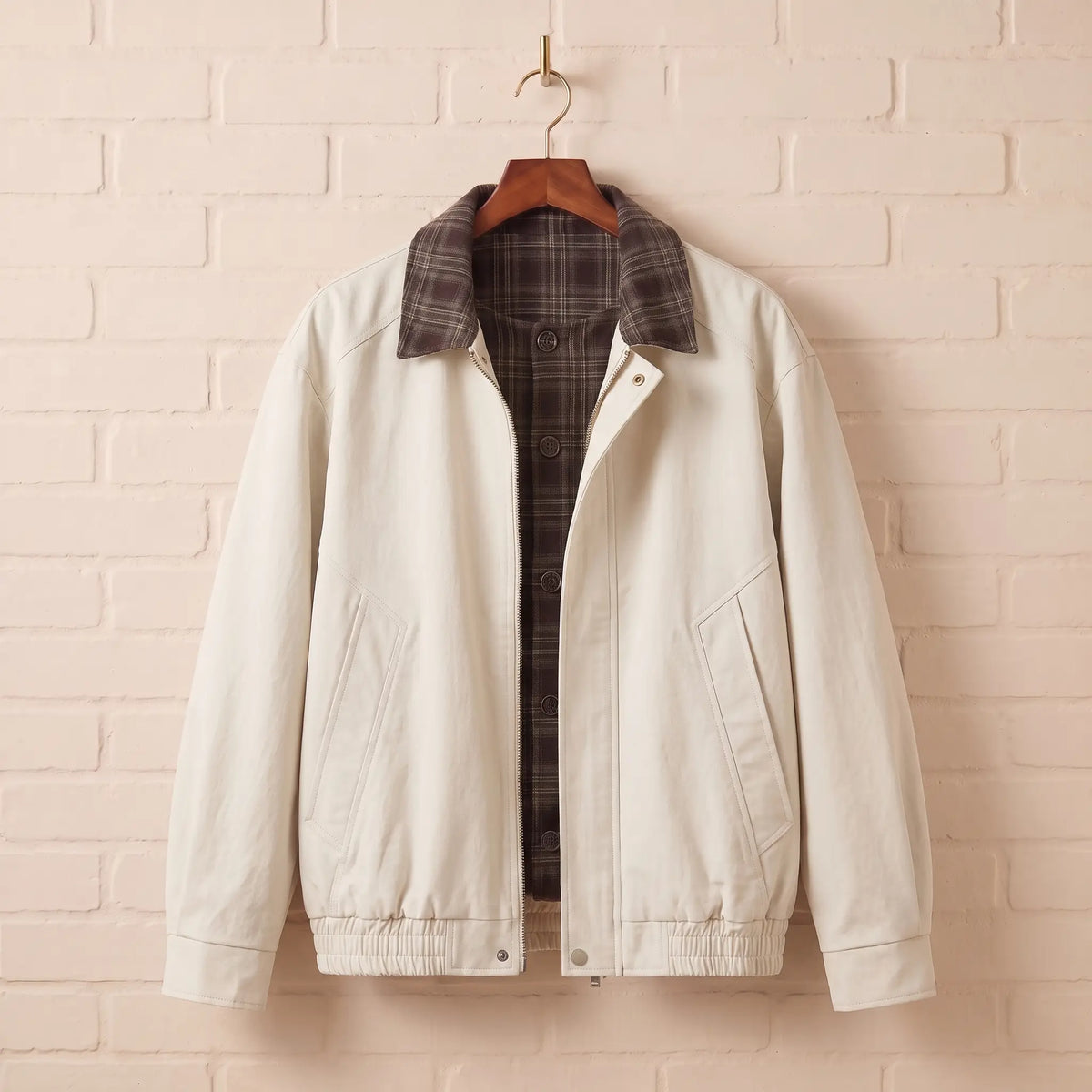 PLAID PLACKET JACKET in white, men's off-white twill zip jacket with plaid flannel collar and button placket