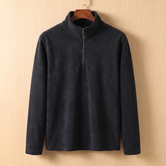 PLAIN FLEECE PULLOVER in Black - fleece quarter-zip pullover with tall stand collar, on a wooden hanger